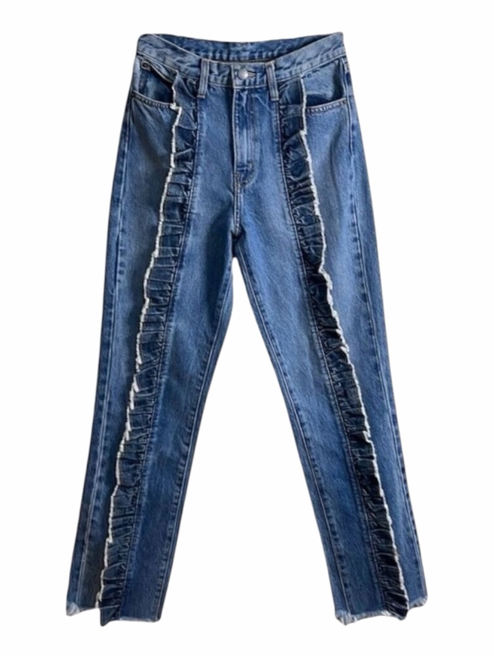 Carmar Ursula Ruffle Front High Rise Jeans Frayed Hem Straight Leg, Size 26